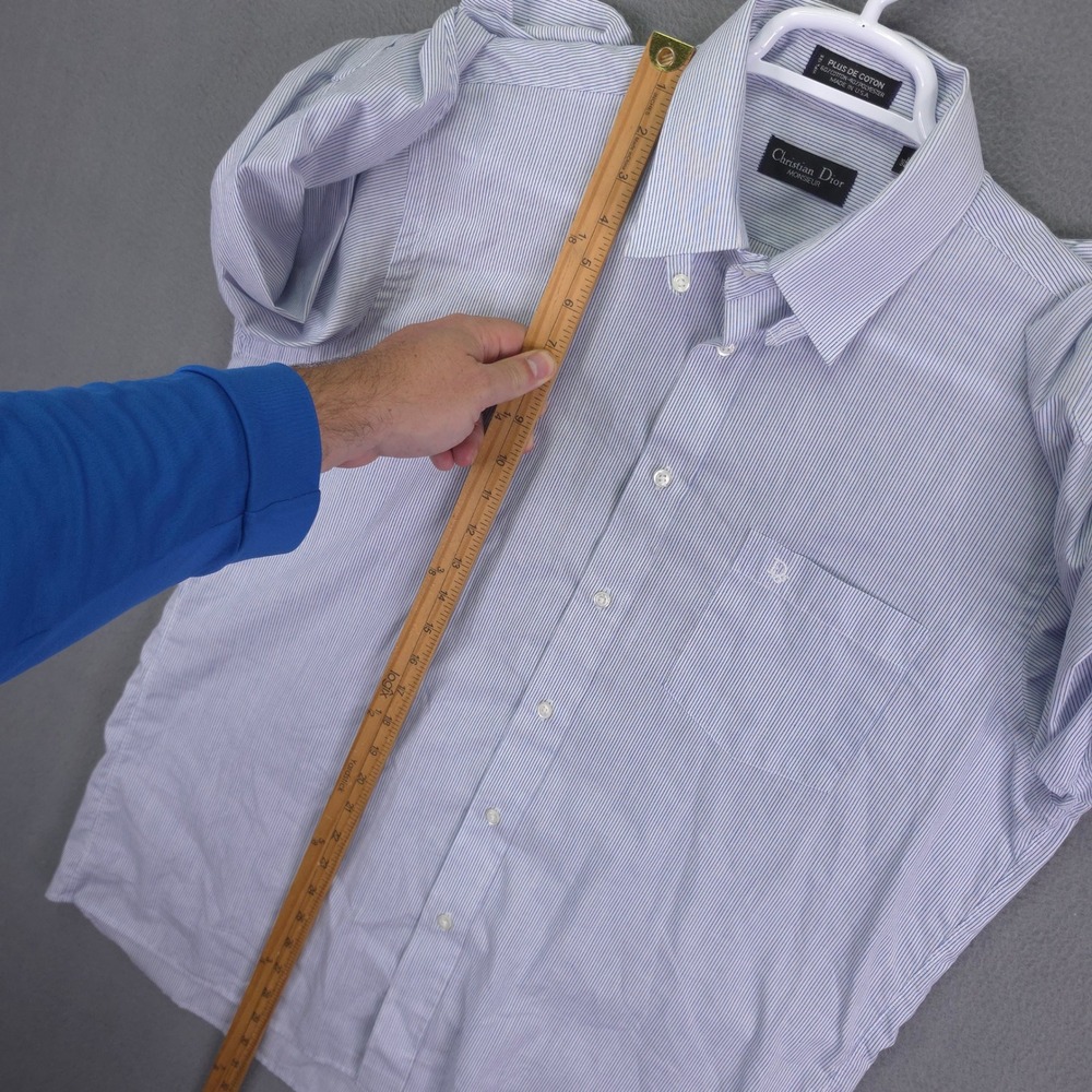 Vintage Christian Dior Monsieur Button Down Shirt Striped Blue 16.5 Cotton - Picture 7 of 9